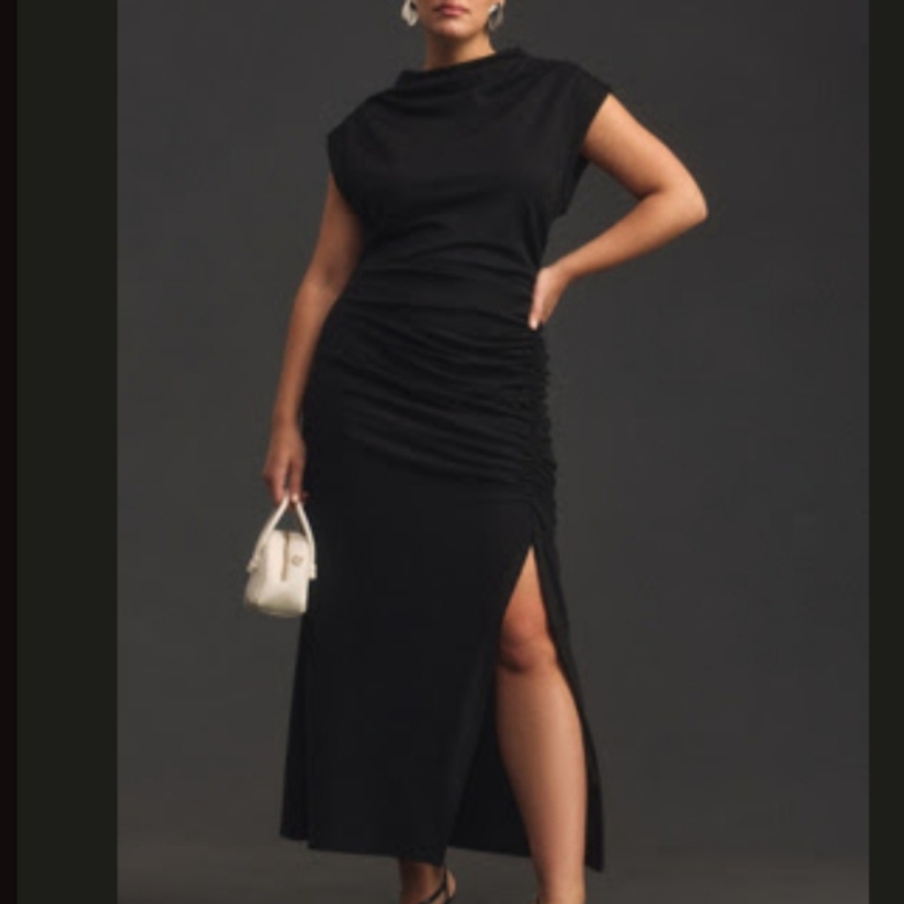 Anthropologie Black Ruched Midi Dress with Side Slit